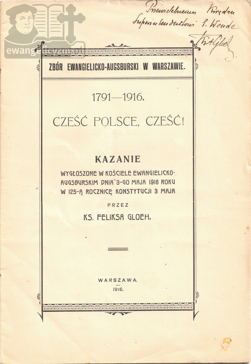 Strona tytułowa kazania "Cześć Polsce, Cześć", które w dniu 3 maja 1916 roku wygłosił ks. Feliks Gloeh