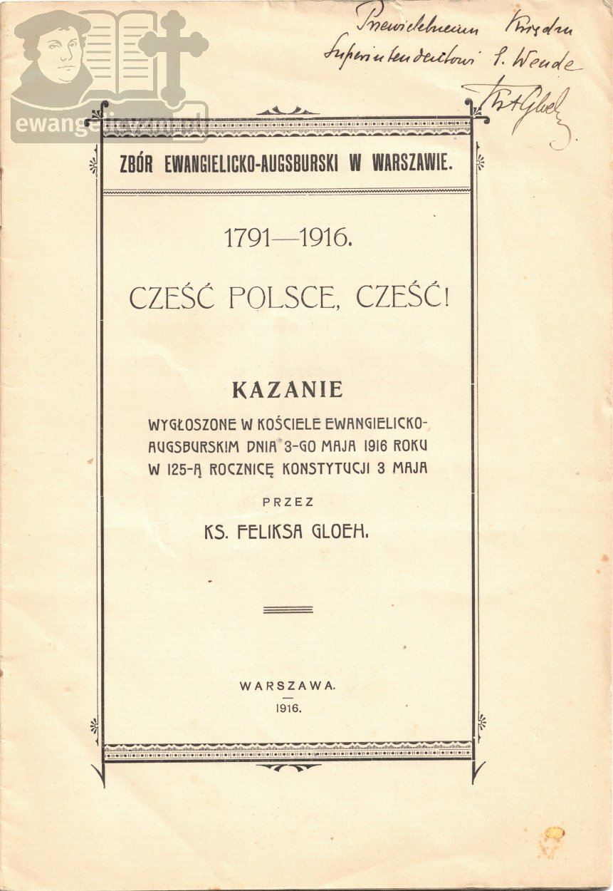 Strona tytułowa kazania "Cześć Polsce, Cześć", które w dniu 3 maja 1916 roku wygłosił ks. Feliks Gloeh