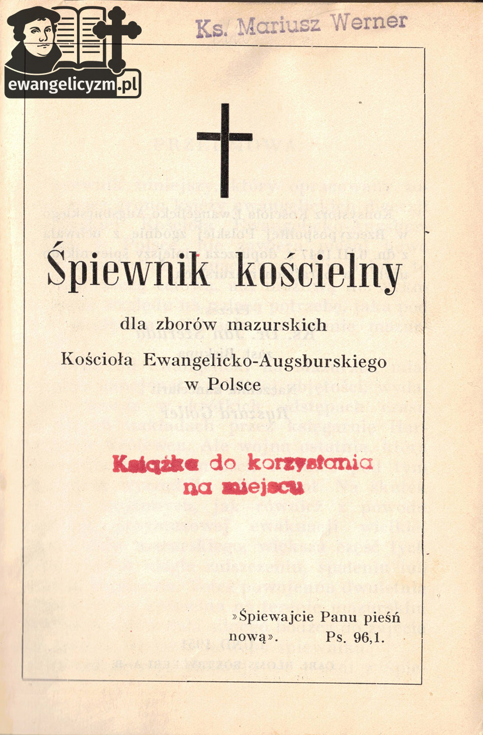 "Śpiewnik kościelny dla zborów mazurskich Kościoła Ewangelicko-Augsburskiego w Polsce", strona tytułowa