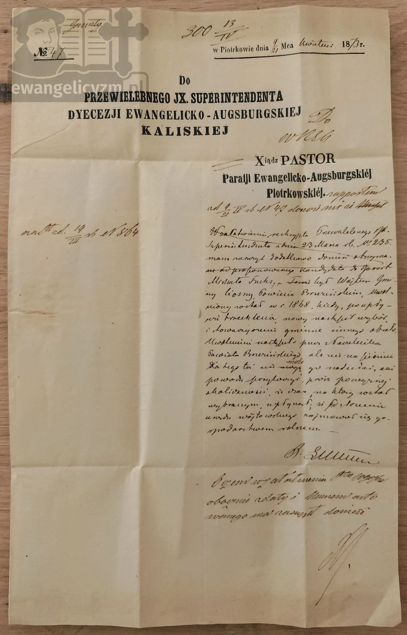 "Pismo ks. Ludwika Müllera do superintendenta ks. Karola Teichmanna w sprawie weryfikacji kandydata na urząd parafialny Michała Fuchsa z dnia 21 kwietnia 1873 r."
