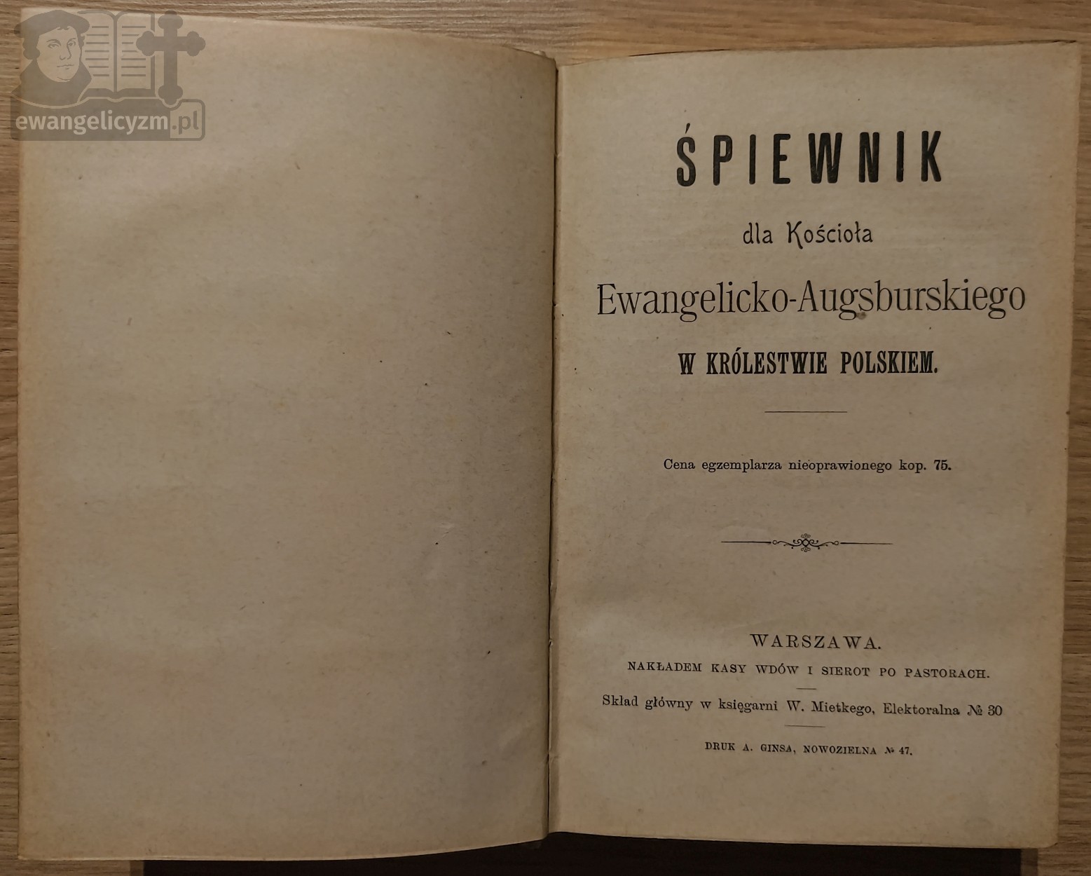 "Śpiewnik dla Kościoła Ewangelicko-Augsburskiego w Królestwie Polskiem.", 1900 rok, karta tytułowa