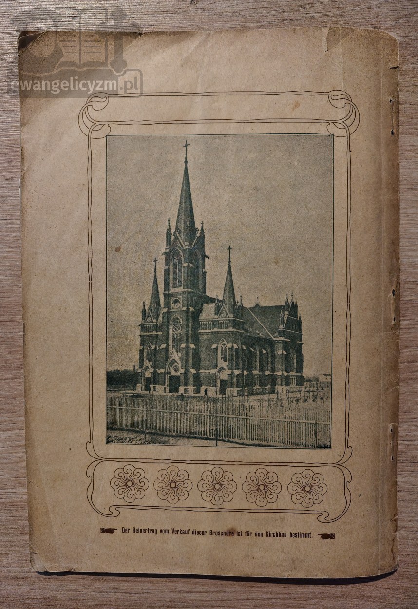 "Kurzer Abriss der Geschichte der Tomaszower Evangelisch-Augsburgischen Gemeinde nebst Rechenschafts-Bericht über den Bau der neuen „Erlöser”-Kirche in Tomaszow", okładka tył