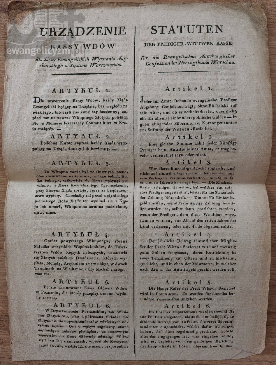 "Urządzenie Kassy Wdów dla Xięży Ewangelickich Wyznania Ausgburskiego w Xięstwie Warszawskim", 1814 rok