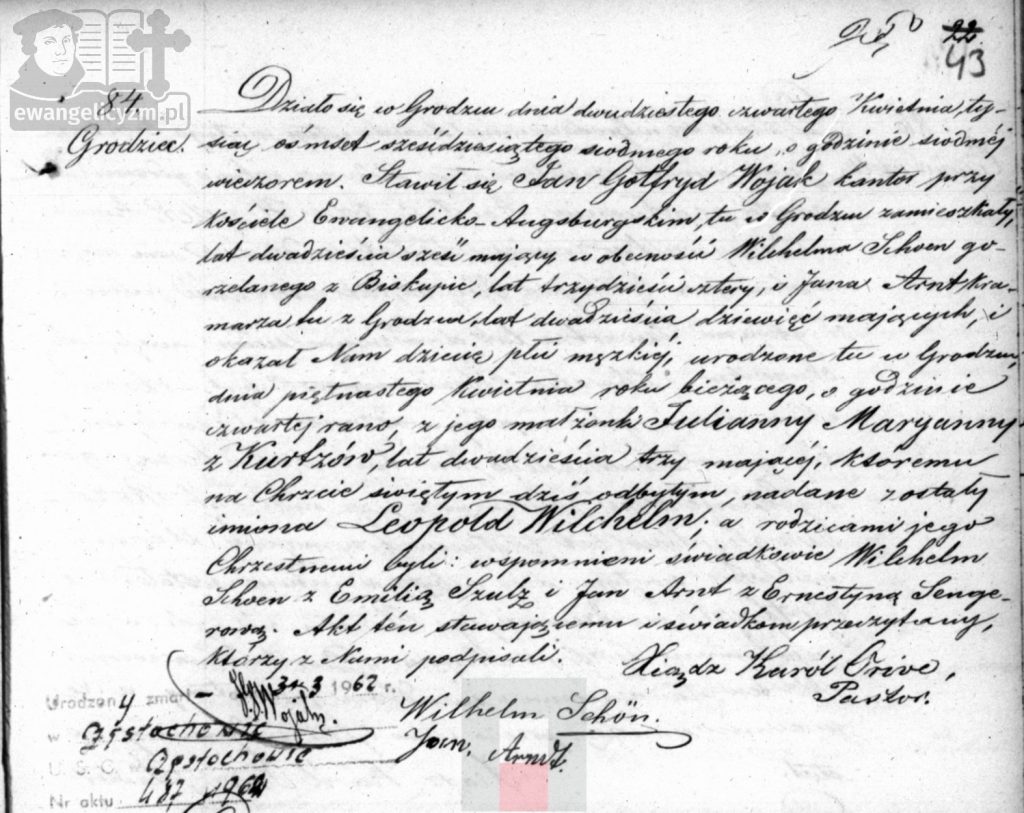 Akt chrztu Leopolda Wojaka z dnia 24 kwietnia 1867 roku
