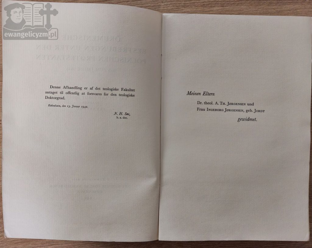 "Ökumenische Bestrebungen unter den polnischen Protestanten bis zum Jahre 1645", dedykacja dla rodziców